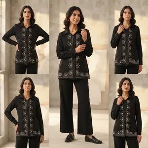 Ensemble chemise noire brodée et pantalon large pour femme, manches longues, motif floral, col chemise, élégant, décontracté, tenue de bureau, deux pièces - Product Image 3