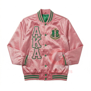 Womens vintage <b>baseball</b> pink Satin GREEK AKA <b>JACKET</b> and womens lady crop breathable Knitted embroidery sorority <b>Bomber</b> <b>Jacket</b> - Product Image 1