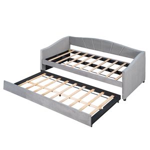 Divano letto imbottito a una piazza e mezza con letto estraibile, grigio, con doghe in legno, stile contemporaneo - Product Image 5