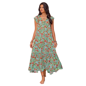 Vestido Maxi Floral con Corte en A para Mujer, Vestido de Manga Corta con Lazo Delantero - Product Image 3
