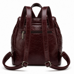 Sac à dos en cuir verni rouge vin plissé pour femme, sac de voyage plissé avec fermoir en métal gris, grand sac à dos de jour - Product Image 3