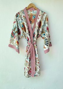 Kimono largo de algodón indio con estampado de pájaros hecho a mano para mujer, cuello en V, manga larga, estilo bohemio, para estar en casa, verano y primavera - Product Image 3