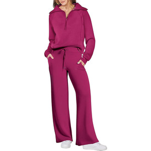 Wholesale Customized Fashionable Women's Casual Outfit Long Sleeve Zipper Sweatshirt & Wide Leg Pants Two Piece <b>Tracksuits</b> Set - Product Image 1