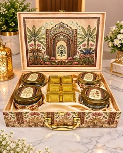 Caja de regalo de madera de lujo con diseño de arte mogol, con 4 tarros y bandeja para dulces. Eleva las regalas festivas y la presentación de lujo. - Product Image 1