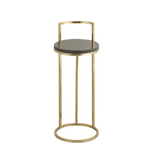 Mesa Auxiliar Redonda Moderna con Estructura de Latón y Tapa de Piedra Oscura, Mueble Decorativo para Sala de Estar Interior - Product Image 4