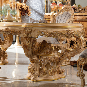 Ensemble de table à manger en bois de mahogany massif de style baroque royal haut de gamme, sculpté à la main en or, meubles de salle à manger classiques européens - Product Image 4