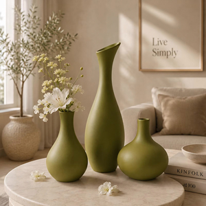 Ensemble de 3 vases décoratifs modernes en aluminium mat vert olive, faits à la main, durables, pour la décoration de table, salon, maison |   Élégant - Product Image 3