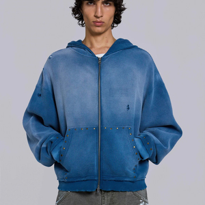 Custom Own Logo High Quality Heavyweight Distressed French Terry 400gsm Sun Faded Washed Blank Vintage Oversized <b>Zip</b> up Hoodie - Product Image 4