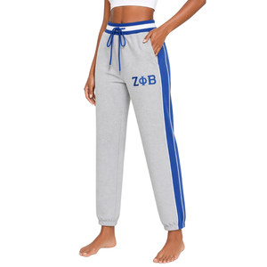 Zeta Phi Beta Heather Grey Air Tech <b>Fleece</b> Warm Up Pants <b>Women</b> Royal Blue Side Stripe Drawstring <b>Jogger</b> Sweatpants - Product Image 1