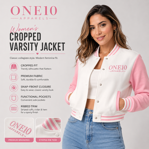 Blouson universitaire pour femme blanc et rose, manches longues bouffantes, col montant, respirant, léger, mélange polyester-coton, bordure côtelée - Product Image 1