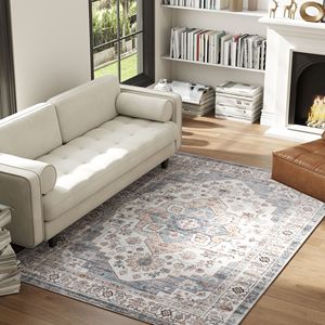 Tapis d'intérieur vintage marron et bleu clair 4x6, lavable en machine, antidérapant, pour salon, chambre à coucher, salle à manger - Product Image 2