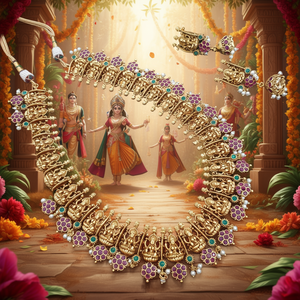 Fashion Jewelry Set Gold Plated Women's Wedding Regular Length Goddess Lakshmi Style Haram Nova Mart Oxidized Polish - Product Image 2