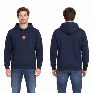 Sudadera con Capucha Azul Marino para Hombre OEM con Estampado Minimalista de Sol Naranja, Bolsillo Delantero, Algodón Casual, Corte Regular - Product Image 3