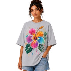 เสื้อยืดโอเวอร์ไซส์สีเทาอ่อนสำหรับผู้หญิง พิมพ์ลายดอกชบาสีสันสดใส เสื้อยืดลำลองผ้าฝ้ายสำหรับฤดูร้อน รับผลิตแบบ OEM ODM ขายส่ง - Product Image 1