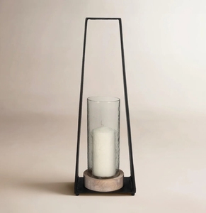 Tall Black Metal Frame <b>Hurricane</b> Candle Holder with Wood Base & Glass Cylinder - Modern Floor <b>Lantern</b> for Pillar Candles Home De - Product Image 2