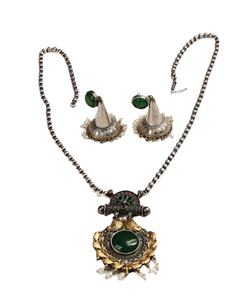 Ensemble collier et boucles d'oreilles en laiton oxydé bicolore avec zircon |   Bijoux ethniques indiens bohèmes pour fiançailles, mariage et cérémonies - Product Image 1