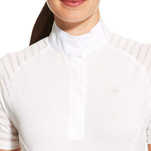 Chemise d'équitation pour femmes, blanche, tricotée, à manches courtes, respirante, col haut, fermeture boutonnée, couleur unie - Product Image 6