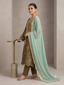 Conjunto de Kurta Tradicional de Vidrio para Mujer, Estilo Romano, Largo hasta el Tobillo, con Bordado, Dupatta Verde Menta, Ropa Casual, Estilo India-Pakistán, para Todas las Temporadas - Product Image 4