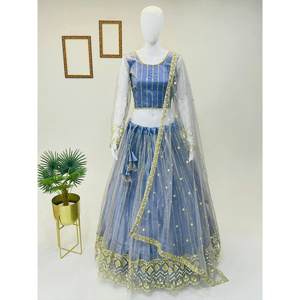 DESIGNER SOFT NET BRODERIE SEQUENCE TRAVAIL LEHENGA CHOLI AVEC DUPATTA BLEU CLAIR - Product Image 1