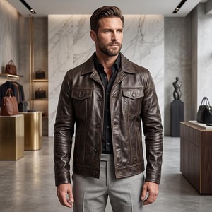 Chaqueta de Cuero Marrón para Hombre, Estilo Cazador, Resistente, para Exteriores, con Múltiples Bolsillos Utilitarios - Product Image 1