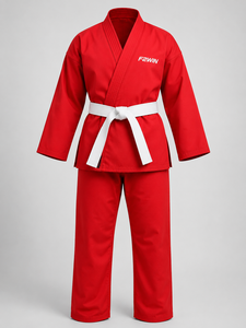 F2WIN Kimono de Taekwondo pour Adulte en Coton Rouge avec Ceinture Blanche, Extensible, Respirant, Coupe Classique, Unisexe, Tenue d'Arts Martiaux - Product Image 1