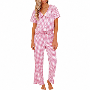 Conjunto de Pijama de Algodón 100% Suave para Mujer, Color Rosa Sólido, Cuello Peter Pan, Cintura Elástica, Manga Corta, Ropa de Dormir de Verano - Product Image 2