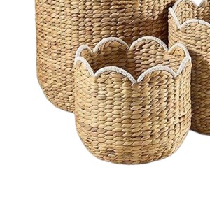 Eco Friendly Handmade Woven Water Hyacinth Basket Decorative Storage <b>Container</b> with Scalloped Top for Home Organization - Product Image 2