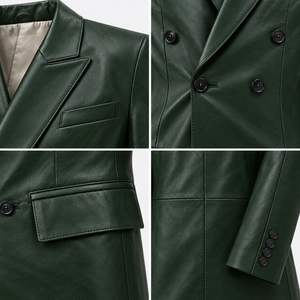<b>Men's</b> Designer Forest Green <b>Leather</b> <b>Blazer</b> Double Breasted Peak Lapel Elegant Business Formal Suit Jacket Custom Made OEM - Product Image 6