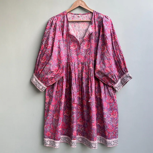 Vestido Casual Midi para Mujer, 100% Algodón Tejido, Estampado Floral, Liso, Manga Corta, Cintura Imperio, Estilo Babydoll, Oversize, Cuello en V, Holgado - Product Image 3