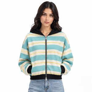 Sudadera con capucha y cremallera para mujer, de algodón tejido, con logo frontal, estilo casual, para invierno, manga larga, corte corto - Product Image 1