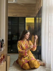 Women's Yellow Floral Printed Cotton Salwar Suit Set Loose Fit Traditional Casual Wear India Pakistan Style All Seasons - Product Image 5