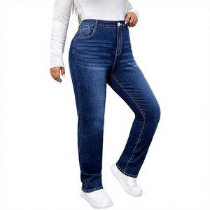 Jean droit bleu foncé grande taille pour femme, coupe droite, en denim extensible, pantalon mi-cigare, décontracté, lavé, pour l'été, OEM - Product Image 4