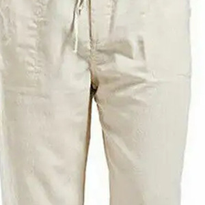 Pantalon Oxford en coton beige pour homme, taille élastique avec cordon de serrage, coupe droite décontractée, léger, pour l'été - Product Image 4