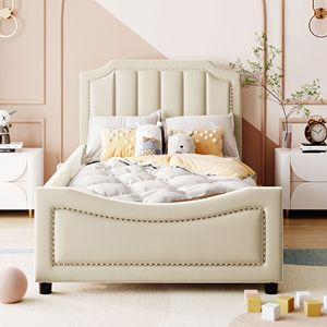 Divano letto classico a righe beige imbottito, letto singolo per bambini con elegante testiera - Product Image 2
