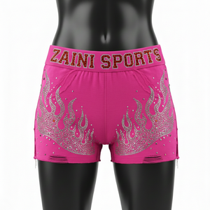 Shorts de mujer de algodón premium con spandex, color rosa intenso, con pedrería, transferencia térmica, logotipo personalizado, ajuste elástico. - Product Image 1