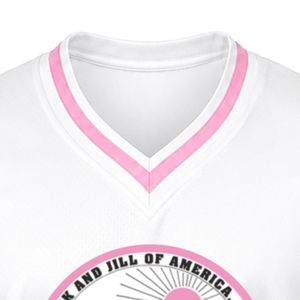 เสื้อเจอร์ซีย์กีฬาคอวีปักลายตราสัญลักษณ์ไวท์แจ็คแอนด์จิล แขนสั้น ลายทางสีชมพู เสื้อทีมกีฬา ชุดยูนิฟอร์มทีมแบบกำหนดเอง - Product Image 2