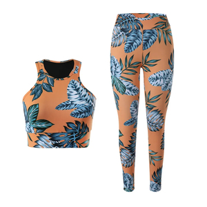 Conjunto de Yoga de 2 Piezas con Estampado Sublimado Naranja, Leggings de Cintura Alta, Top Deportivo, Transpirable, de Spandex y Poliéster - Product Image 1