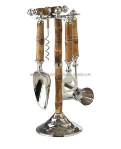 Factory Direct Stainless Steel Bar Tools Set with Brown Leather Handles Polished <b>Metal</b> for Hotel Ambience Lifestyle - Product Image 5