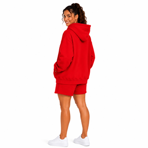 Women's Red Hooded Sweatshirt Shorts <b>Set</b> Cotton Fleece Loose Fit Drawstring Pocket Casual Anti-Shrink Customizable Sports - Product Image 4