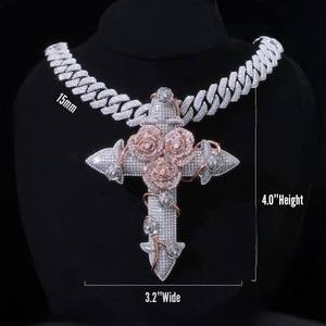 Pahal Fashion Bijoux Unisexe Or Rose Pendentif Breloque Hip Hop S925 VVS1 Moissanite Croix Rose Ensemble Collier Chaîne Cubaine - Product Image 1