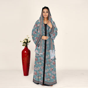 Abaya de Chifón con Motivo Floral, Pañuelo para la Cabeza Coordinado, Frente Abierto, Manga Larga, Ropa Musulmana Modesta para Mujer, Estilo Árabe, para Oración del Eid - Product Image 2