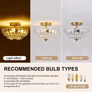Plafoniera Semi-Incasso da 11,8 Pollici con 3 Luci, Design Floreale in Vetro, Stile Vintage 30W/18W - Product Image 5