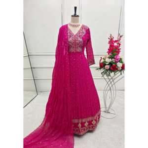 Vestido Elegante sin Mangas de Chifón con Bordado y Lentejuelas, Pantalón y Dupatta Incluidos, para Mujer, Diseño FD - Product Image 4