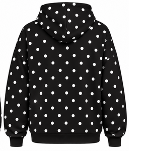 Sudadera con Capucha Oversize de Felpa para Mujer con Estampado de Puntos Blancos y Negros, con Cordón Ajustable y Bolsillo Canguro Delantero - Product Image 2