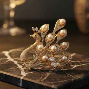 เข็มกลัดมุกน้ำจืดดีไซน์นกยูงหรูหราสำหรับผู้ชายและผู้หญิง ชุบทอง - Product Image 3