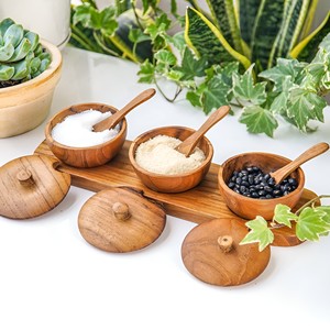 Juegos de cuencos y bandejas de especias de madera natural para condimentos de olla caliente tazas de Salsa tarro de condimentos con Juego de tapa - Product Image 6