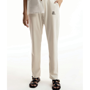 Pantalones de Pierna Recta Color Crema para Mujer, Cintura Media, Cierre de Botones, Corte Regular, Largos, de Algodón, Estilo Minimalista de Verano, Logotipo en la Pierna Derecha - Product Image 1