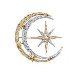 Broche de luxe en forme de croissant de lune et d'étoile, plaquée or et argent bicolore, avec cristaux, pour cadeau, vente en gros, broches de créateur - Product Image 1