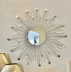 Wholesale European Style Sunburst Round Metal <b>Frame</b> Wall Mirror Crystal Accent Decorative Wall Hanging Mirror for Living Room - Product Image 1