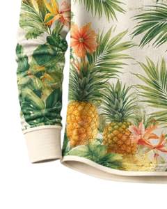 <b>Mens</b> Tropical Print Henley <b>Shirt</b> <b>White</b> And Green Floral Long Sleeve Button Placket Casual Summer Beach Style Fashion Top - Product Image 6